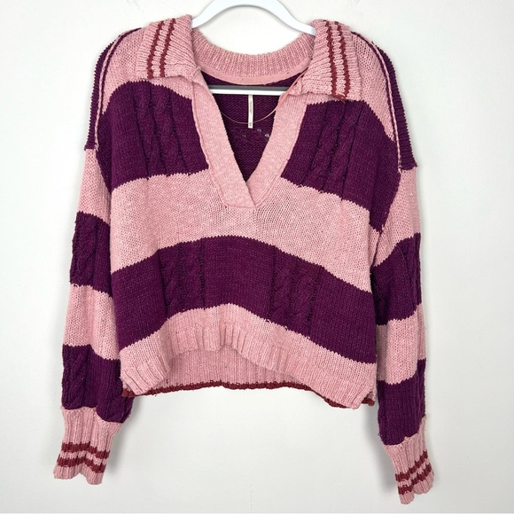 Free People Pembrook Striped Cable-Knit Collared Sweater - Picture 3 of 9